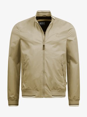 Beige bomber jacket with a zipper front, ribbed cuffs and hem, and subtle logo detail. Smooth fabric and a minimalist design.