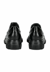 Scarpe in pelle nera con finitura lucida, suola in gomma spessa e cuciture contornate. Presentano un logo sul tallone e un design della punta arrotondata.