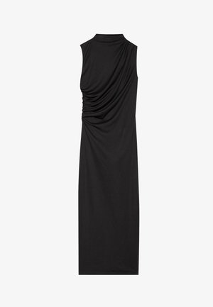 Black sleeveless dress made of soft fabric, featuring a high neckline and gathered texture along the back, creating a form-fitting silhouette.