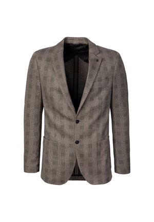 Braun karierter Blazer mit zwei Knöpfen, Revers mit Kerbe, Brusttasche und aufgesetzten Fronttaschen, dargestellt auf weißem Hintergrund.