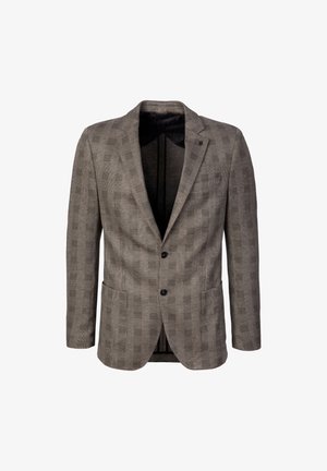 Blazer marrón a cuadros con dos botones, solapa con muesca, bolsillo en el pecho y bolsillos delanteros de parche, mostrado sobre un fondo blanco liso.