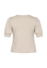 Beige kortärmad topp med rundad halsringning och puffärmar, tillverkad av slätt tyg. Enkel design utan mönster eller accenter.