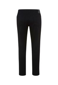 Zwarte denim broek, slim fit, met achterzakken, rechte broekspijpen en een gladde textuur. Kenmerkt zich door een merklabel op de tailleband.