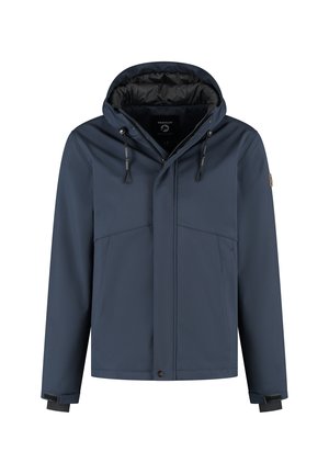 Heren navyblauwe hoodie-jack met verstelbare trekkoorden, ritssluiting en drukknoopsluiting aan de voorkant, en polsbanden voor een snug fit.