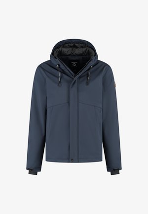 Heren navyblauwe hoodie-jack met verstelbare trekkoorden, ritssluiting en drukknoopsluiting aan de voorkant, en polsbanden voor een snug fit.