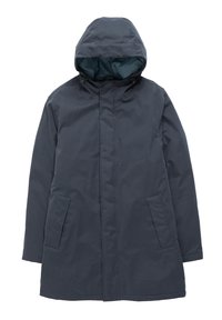 Tamsiai pilka vandeniui nepralaidi parka su gobtuvu, turi užtrauktuką priekyje, dvi šonines kišenes ir lygią tekstūrą. Sukurta apsaugai šaltu oru.