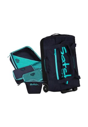 Large black and turquoise wheeled duffel bag with four matching packing cubes, all labeled "Satch," displayed on a white background.