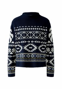 Navy gebreide trui met witte geometrische patronen, hoge halslijn en cropped ontwerp. Gelaagd stof, lange mouwen met gestreepte manchetten.