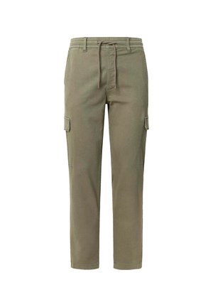 Olive green cargo pants made from cotton blend, featuring a drawstring waist, two side pockets, and tapered cuffs.