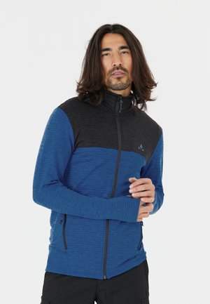 Blue zip-up jacket with black accent panel, textured upper, long sleeves, and side pockets. Made of lightweight, breathable fabric.