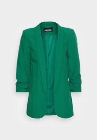 Blazer vert sur mesure avec manches froncées et doublure lisse de type satin, présenté sur un fond blanc uni.