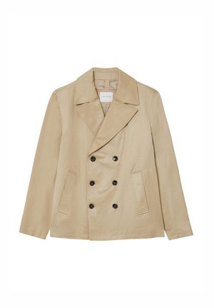 Beige, doppelt geknöpfter Blazer mit Reverskragen, drei schwarzen Knöpfen und zwei seitlichen Taschen; aus glattem Stoff mit geradem Schnitt.