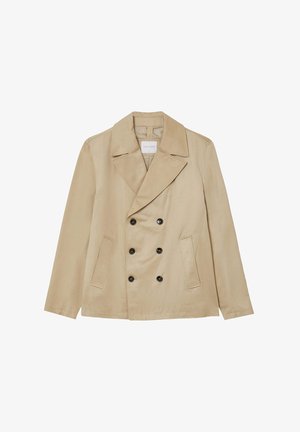 Beige, doppelt geknöpfter Blazer mit Reverskragen, drei schwarzen Knöpfen und zwei seitlichen Taschen; aus glattem Stoff mit geradem Schnitt.