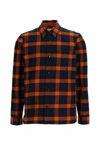 Geruit overhemd met oranje en marineblauwe vierkanten, lange mouwen, een borstzak en zwarte drukknoopjes. Gemaakt van zachte stof.