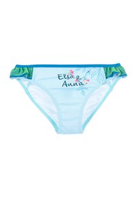 Niebieskie spodenki kąpielowe z falbanami w zielonym kolorze, zdobione nadrukiem kwiatów oraz nazwiskami "Elsa & Anna" w kontrastowych kolorach.