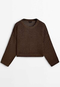 Pull cropped en tricot ouvert, marron, à manches longues avec col rond, bord-côtes aux poignets et à l'ourlet, posé à plat sur fond blanc.