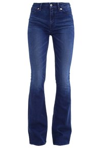 Tmavě modré rozšířené džíny vyrobené z denimu, s vysokým pasem, pěti kapsami a jemným rozjasněním na nohavicích pro texturu.