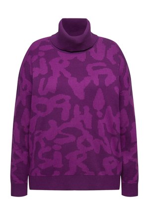 Fioletowy sweter dzianinowy z wysokim kołnierzem, charakteryzujący się teksturowanym wzorem i abstrakcyjnymi kształtami w różnych odcieniach fioletu.