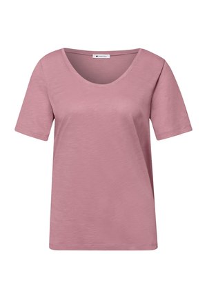 Camiseta de manga corta color malva con escote redondo, tejido ligero y etiqueta de la marca en el interior del cuello.