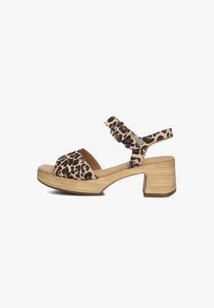 Leopard print platform sandals with a wide strap and adjustable buckle, featuring a chunky wooden heel and beige base.