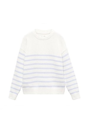 Jersey de punto blanco con rayas horizontales en azul claro, cuello redondo y mangas largas, colocado plano sobre un fondo blanco.