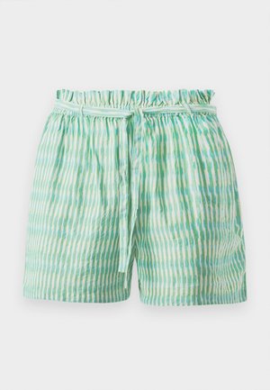 Lette shorts med elastisk, rynket midjebånd, med vekslende vertikale striper i grønt og hvitt, samt et knytbelte.