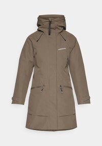 Khaki veekindel parka reguleeritava kapuutsi, kahe lukuga küljetasku ja reguleeritavate varrukaservadega. Sile kangas, minimaalsete brändielementidega.