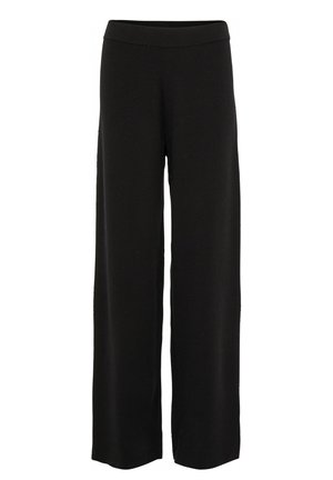 Pantalons noirs à jambes larges en tissu doux. Dotés d'une taille élastique plate et d'une silhouette droite épurée sans poches ni ornements.