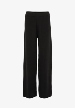 Black wide-leg trousers made from soft fabric. Features a flat elastic waistband and a clean, straight silhouette without pockets or embellishments.