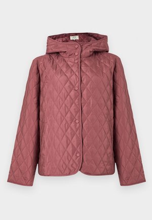 Veste matelassée couleur rose poussiéreux, dotée d'une capuche, de boutons-pression et de poches latérales. Texture lisse avec un motif en losanges sur toute la surface.