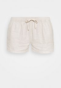 Pantalones cortos de color beige claro, fabricados con un tejido texturizado. Cuentan con una cintura elástica con cordón y un corte relajado. Aptos para uso casual.