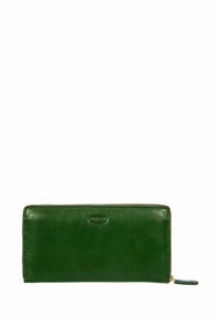 Portefeuille en cuir vert avec fermeture éclair, texture lisse, forme rectangulaire et logo discret sur le devant.