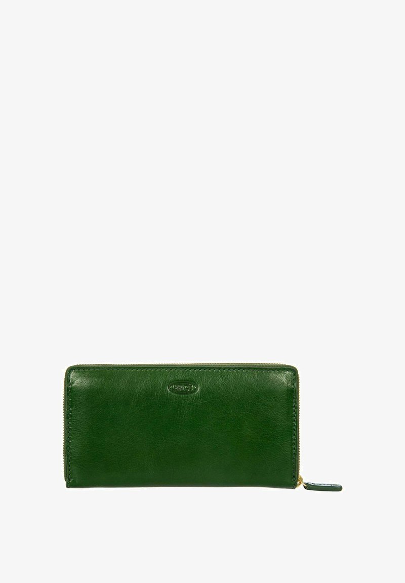 Portefeuille en cuir vert avec fermeture éclair, texture lisse, forme rectangulaire et logo discret sur le devant.