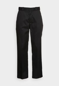 Black trousers featuring a straight-leg design, flat front, and belt loops. Made from smooth fabric with side pockets. No prominent patterns.