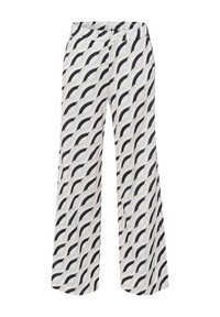 Pantalons larges en tissu léger avec un motif de vagues géométriques en noir, crème et beige doux. Taille élastique.