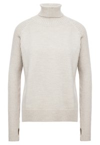 Maglione beige a collo alto realizzato in materiale a maglia testurizzata con dettagli a coste sui polsini e sull'orlo. Presenta un design aderente.