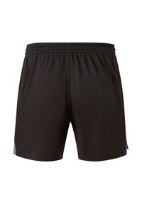 Mustat urheilushortsit, joissa on joustava vyötärönauha ja sivussa sinisiä ja keltaisia koristeita. Sileä kangas, kevyt ja hengittävä rakenne.