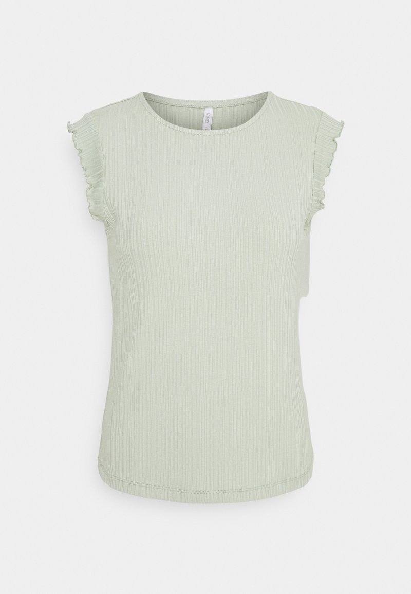 Haut à manches courtes côtelé vert clair avec des manches à volants et un col rond, présenté sur un fond uni.
