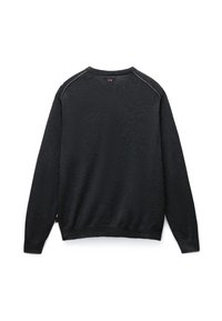 Dark gray long-sleeve sweater with crew neck, visible stitching on shoulders, and small red, white, and blue detail at upper back center.