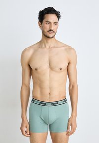 Menta zöld boxer alsónadrág fekete Puma logós derékkal. Sima anyagú textúra és testhezálló kialakítás. A modell előre néz.