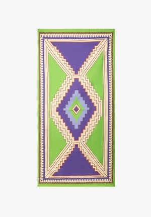Tessuto rettangolare con motivo geometrico che presenta forme a gradini verdi, viola, lavanda, crema e arancione che formano un motivo centrale a diamante.