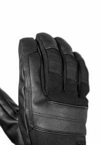 Schwarze Handschuhe aus Leder und Stoff, mit einem gepolsterten Design und verstärkten Nähten. Akzente sind strukturierte Paneele und elastische Einsätze.