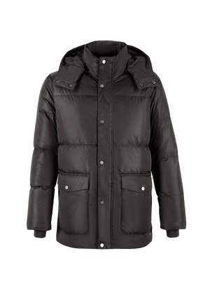 Black puffer jacket with a hood, featuring a zip front, snap buttons, and two large front pockets. Smooth, insulated material.