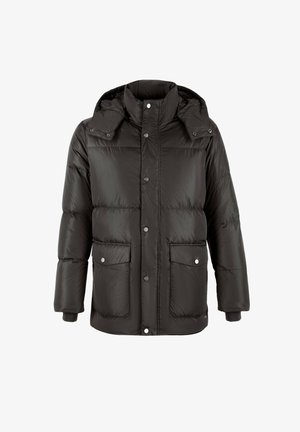 Doudoune noire avec capuche, dotée d'une fermeture éclair à l'avant, de boutons-pression et de deux grandes poches avant. Matière lisse et isolée.