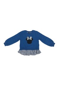 Sudadera azul de manga larga, con un gráfico circular negro en el centro y un dobladillo inferior con volantes a rayas. Material suave de algodón.