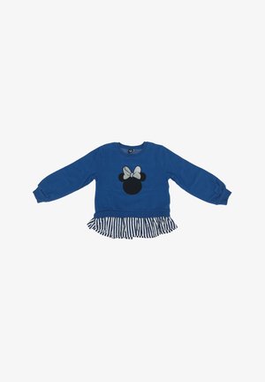 Felpa blu con maniche lunghe, caratterizzata da una grafica circolare nera al centro e un orlo inferiore a righe arricciato. Materiale morbido in cotone.