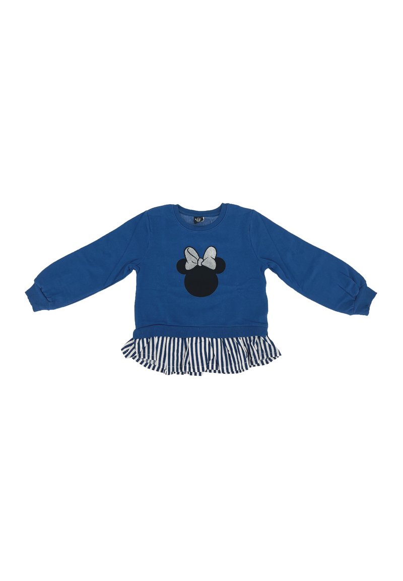 Sudadera azul de manga larga, con un gráfico circular negro en el centro y un dobladillo inferior con volantes a rayas. Material suave de algodón.