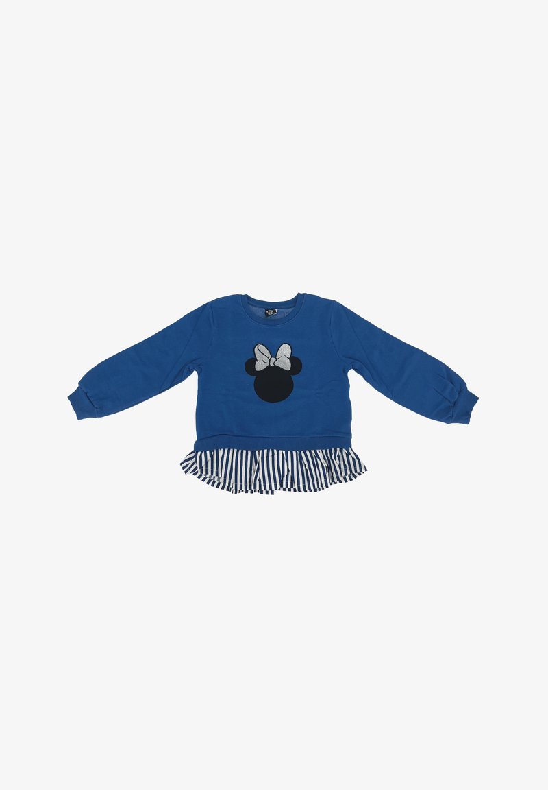 Felpa blu con maniche lunghe, caratterizzata da una grafica circolare nera al centro e un orlo inferiore a righe arricciato. Materiale morbido in cotone.