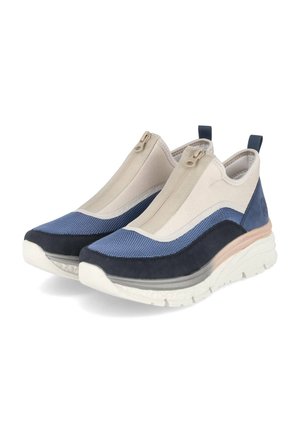 Blue and beige slip-on shoes with zip closure, mesh and suede materials, molded white midsole, and a padded collar.