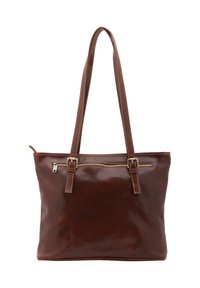 Bruine leren tote bag met dubbele handvatten, voorzak met rits en subtiele stiksels. Glad textuur met een rechthoekige silhouet.